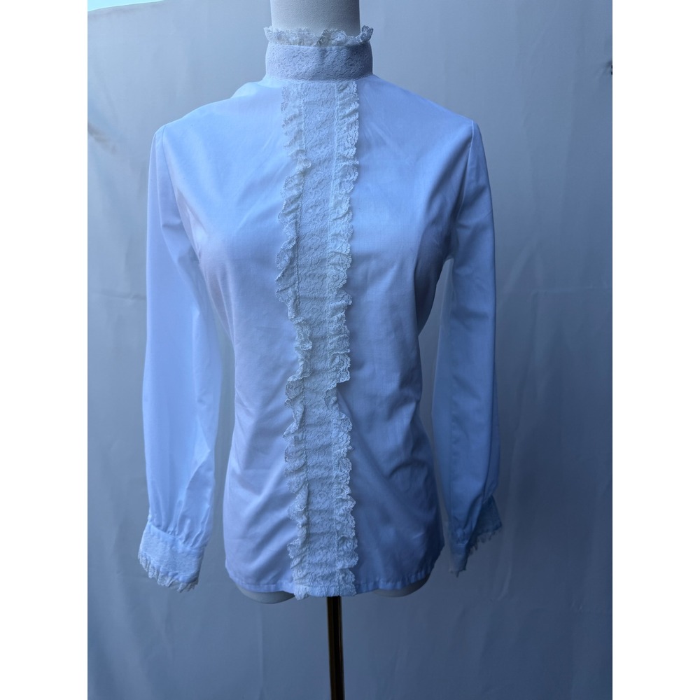 Vintage White Ruffled Mock Neck Button Back Blouse - Victorian Inspired